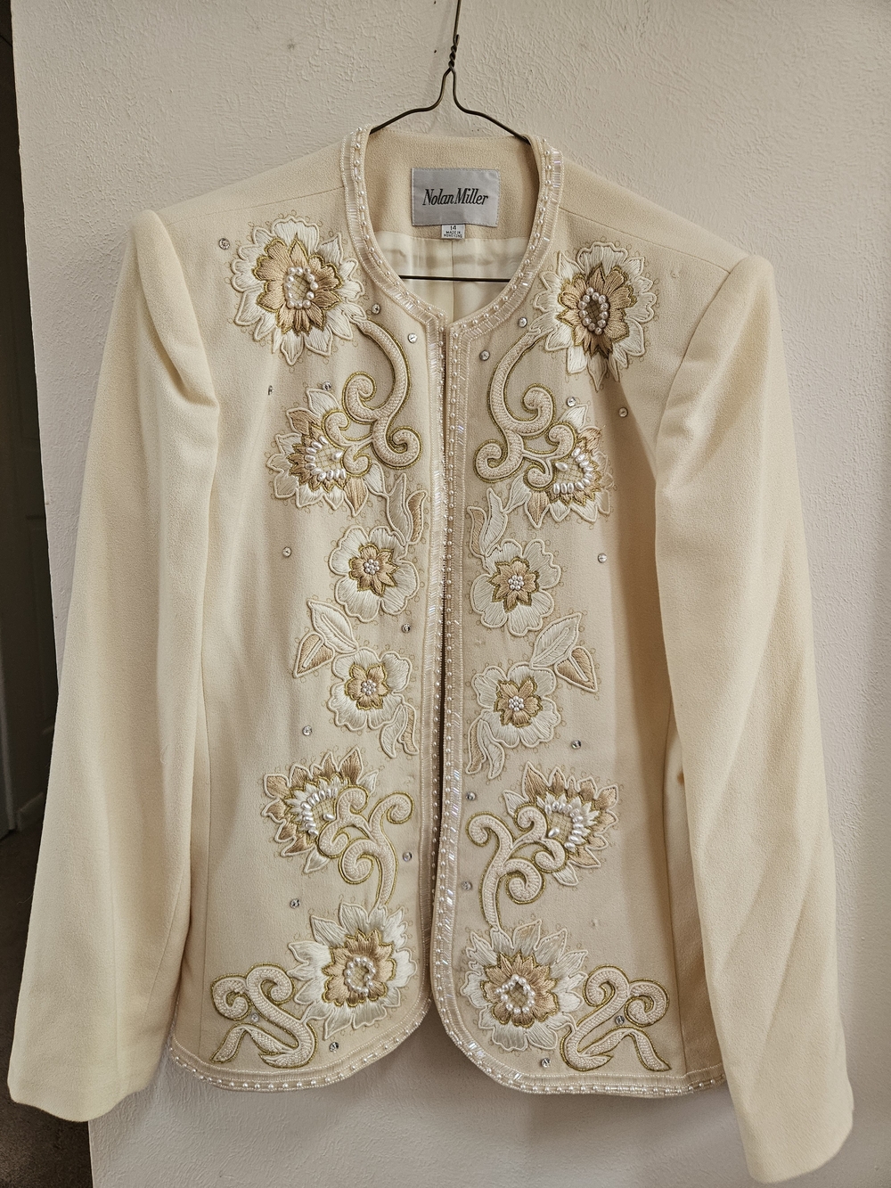 Vintage Nolan Miller Beaded Embroidered Evening Jacket - Cream/Gold - Size 14/L